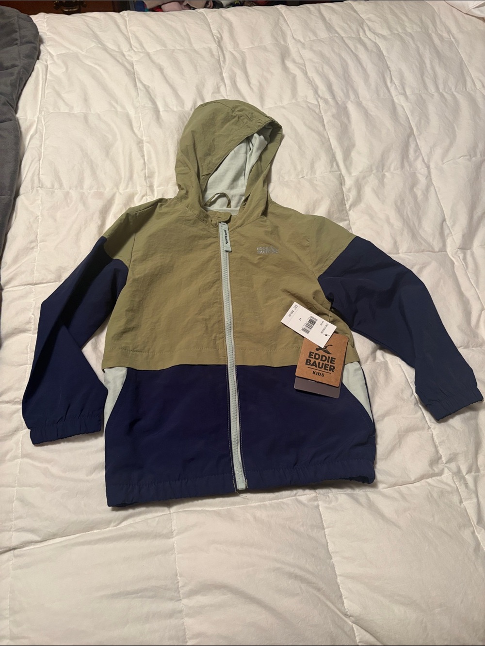 Eddie Bauer Kids Hooded Two-Tone Windbreaker in Olive & Navy